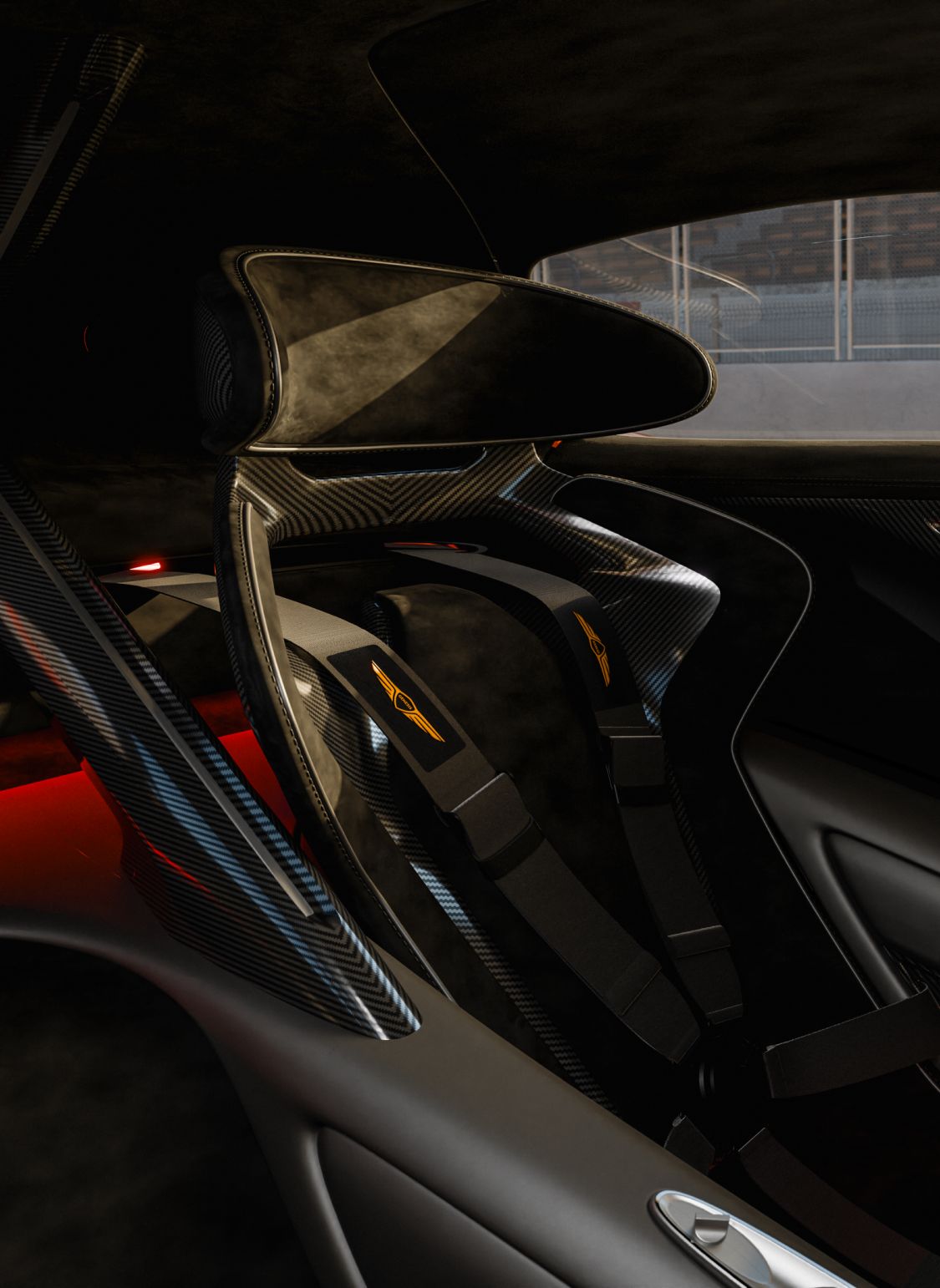 An angled view of the X Gran Racer Concept’s interior reveals both the driver and passenger seats, reclined further back than in typical cars. The interior is elegantly crafted in black and silver tones.